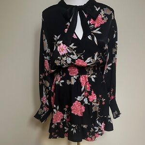Misa Los Angeles Black Pink Floral Long Sleeve Smocked Waist Mini Dress Size M